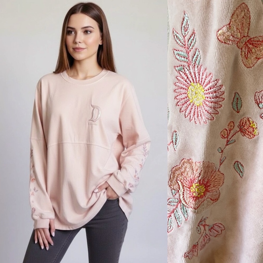 Disneyland Resort Pastel Pink Floral Spirit Jersey Size XL embroidered velvet